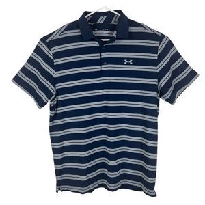 Under Armour Polo Golf Shirt Mens XL Gray Blue Striped Stretch Wicking Heat Gear
